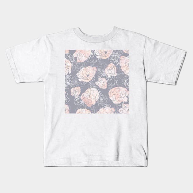 Pink Carnation Outline Pattern in Neutral Blue Kids T-Shirt by marknprints